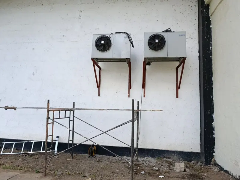 Two wall-mounted air conditioning condenser units installed on an exterior wall