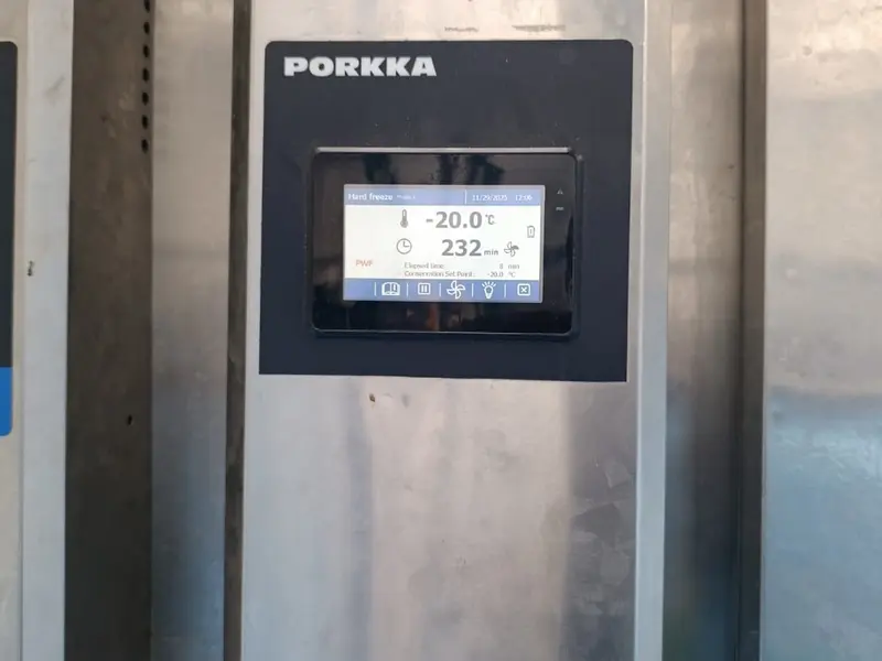 Porkka blast freezer control panel running a hard freeze at minus 20 degrees Celsius