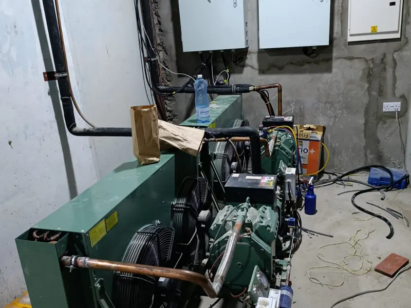 Green condensing unit with compressors and wall-mounted control panels in a plant room
