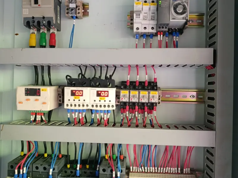 Interior of a professionally wired refrigeration electrical control cabinet