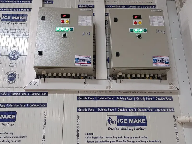 Kangcool Refrigeration Ltd starter control panels mounted on an ICE MAKE coldroom